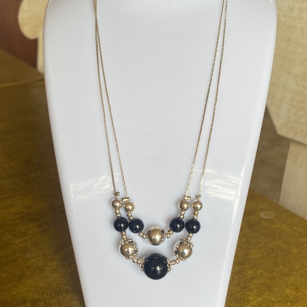 Silver and Black Bead Double-Strand Necklace